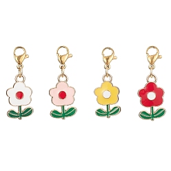 Mixed Color Flower Zinc Alloy Enamel Pendant Decoration, with 304 Stainless Steel Lobster Claw Clasps, Mixed Color, 30mm