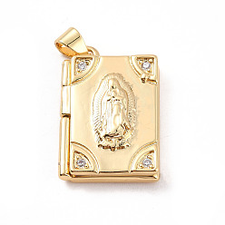 Real 18K Gold Plated Rack Plating Brass Micro Pave Clear Cubic Zirconia Locket Pendants, Cadmium Free & Lead Free, Religion, Rectangle with Virgin Mary, Real 18K Gold Plated, 23x15x4.5mm, Hole: 4x3.5mm, Inner Diameter: 18x11mm