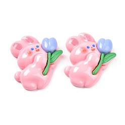 Rabbit Opaque Resin Cabochons, Animal with Flower, Pink, Rabbit Pattern, 31x27.5x8mm