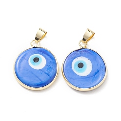 Royal Blue Handmade Evil Eye Lampwork Pendants, with Rack Plating Light Gold Tone Brass Findings, Long-Lasting Plated, Lead Free & Cadmium Free, Flat Round, Royal Blue, 24~25.5x20.5~21x4~4.5mm, Hole: 6x4~4.5mm