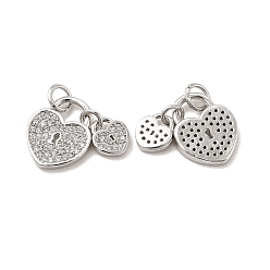 Platinum Brass Micro Pave Clear Cubic Zirconia Charms, with Jump Ring, Double Heart Lock Charm, Platinum, 7x6.5x1.5mm & 13.5x11x1.5mm, Hole: 3.5mm