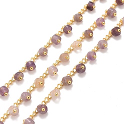 Amethyst Natural Amethyst Beaded Chains, with Ion Plating(IP) Brass Chain, Long-Lasting Plated, Soldered, 3x2x0.5mm