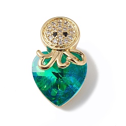 Sea Green Real 18K Gold Plated Rack Plating Brass Micro Pave Cubic Zirconia Pendants, with Glass, Long-Lasting Plated, Cadmium Free & Lead Free, Octopus & Heart, Sea Green, 20x11.5x10mm, Hole: 4x4mm