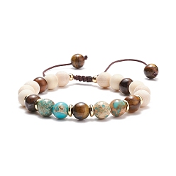 Coloré Bracelet en perles tressées en bois naturel, jaspe impérial (teint) et oeil de tigre, bijoux de yoga en pierres précieuses pour femmes, colorées, diamètre intérieur: 2~3-1/4 pouce (5~8.1 cm)