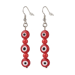 Red Lampwork Evil Eye & Acrylic Beaded Dangle Earrings, Brass Jewelry for Women, Red, 65mm, Pin: 0.7mm