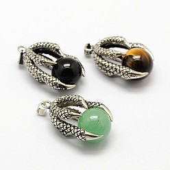 Mixed Stone Vintage Natural Bezel Mixed Gemstone Pendants, with Antique Silver Plated Alloy Findings, Animal Claw with Round Beads, 37x25x16mm, Hole: 5x3mm