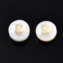 White Freshwater Shell Beads, Golden Metal Enlaced, Flat Round with Smiling Face, White, 8.5x3.5~5mm, Hole: 0.8mm