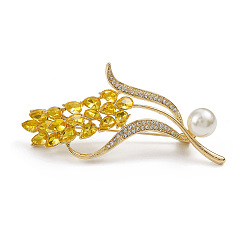 Light Gold Broche de trigo de diamantes de imitación con cuentas de perlas de plástico, pin de solapa de aleación para ropa de mochila, la luz de oro, 69.5x33.5x11 mm