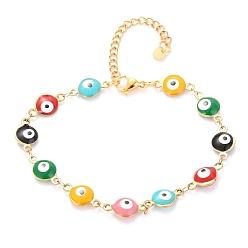 Golden 304 Stainless Steel Link Bracelets, with Enamel and Lobster Claw Clasps, Evil Eye, Colorful, Golden, 7-3/4 inch(19.8cm)