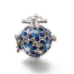 Prussian Blue Alloy Crystal Rhinestone Bead Cage Pendants, Hollow Flower Charm, with Enamel, for Chime Ball Pendant Necklaces Making, Platinum, Prussian Blue, 34mm, Hole: 6x3mm, Bead Cage: 26x25x21mm, 18mm Inner Size