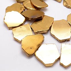 Golden Plated Electroplated Natural Agate Beads Strands, Flat Slab Beads, Agate Slices, Nuggets, Golden Plated, 33~45x25~35x4~6mm, Hole: 1mm, about 24~25pcs/strand, 11.81 inch~13 inch