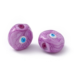 Azul Violeta Perlas de vidrio, con esmalte, redondo plano con patrón de mal de ojo, Violeta Azul, 14~14.5x9 mm, agujero: 1.2 mm