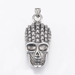 Antique Silver 304 Stainless Steel Pendants, Skull, Antique Silver, 40.5x19x12.5mm, Hole: 6mm
