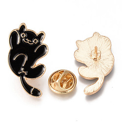 Black Alloy Enamel Brooches, Enamel Pin, with Brass Butterfly Clutches, Cat Shape, Light Gold, Cadmium Free & Nickel Free & Lead Free, Black, 25x21x2mm, Pin: 1mm