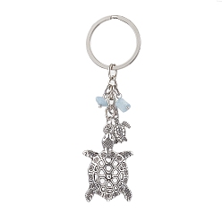 Antique Silver Turtle Alloy Pendant Keychain, with Natural Aquamarine Chip, Antique Silver, 9.3cm