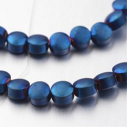 Blue Plated Electroplate Non-magnetic Synthetic Hematite Bead Strands, Frosted, Flat Round, Blue Plated, 4x3mm, Hole: 1mm, about 100pcs/strand, 15.7 inch