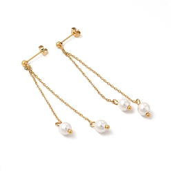 Oro Aretes colgantes con borlas de perlas de vidrio, chapado al vacío 304 joyería de acero inoxidable para mujer, dorado, 60~65 mm, pin: 0.7 mm
