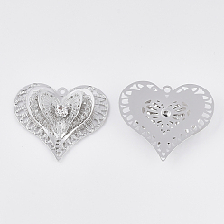 Platino Colgantes de latón, con diamantes de imitación de cristal, corazón, Platino, 40.5x43x8 mm, agujero: 2.5 mm
