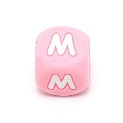 Letter M Силиконовые бусины с алфавитом для изготовления браслетов или ожерелий, стиль письма, розовый куб, letter.m, 12x12x12 мм, отверстие : 3 мм