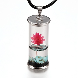 Red Glass Wishing Bottle Leather Cord Pendant Necklaces, with Dried Flower & Natural Gemstone Chip Beads Inside, Platinum, Red, 17-3/8 inch(44.05cm)