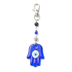 Palm Handmade Lampwork Evil Eye Pendant Decoration, Natural Lava Rock Round Bead & Lobster Clasp Charms, for Keychain, Purse, Backpack Ornament, Palm, 141mm