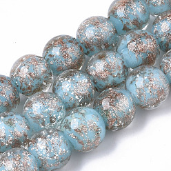 Turquoise Pálido Perlas de cristal de murano de arena de oro hecho a mano hilos, luminoso, rondo, turquesa pálido, 11.5~12.5x11~12 mm, agujero: 1 mm, sobre 45 unidades / cadena, 19.69 pulgada