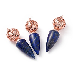 Lapis Lazuli Natural Lapis Lazuli Dyed Big Pendants, Cone Charms with Rack Plating Brass Hollow Ball, Rose Gold, Cadmium Free & Lead Free, 57~58x17.5~18mm, Hole: 8x5mm