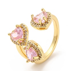 Oro Anillo de puño abierto con tres corazones y circonitas cúbicas rosas, anillo ancho de latón chapado en rack para mujer, sin plomo y cadmio, dorado, tamaño de EE. UU. 7 1/4 (17.5 mm)