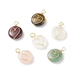 Mixed Stone Natural & Synthetic Gemstone Pendants, with Real 18K Gold Plated Eco-Friendly Copper Wire Wrapped, Flat Round with Heart Charm, 22x16x5.5mm, Hole: 3~4.5mm