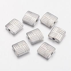 Platinum Tibetan Style Alloy Square Carved Stripes Beads, Cadmium Free & Lead Free, Platinum, 8x8x3mm, Hole: 1mm, about 1170pcs/1000g