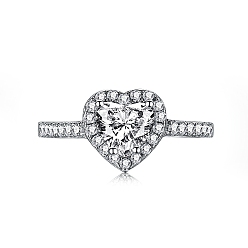 Прозрачный Родиевое покрытие 925 кольца на палец из стерлингового серебра, с фианитами для женщин, обручальное кольцо с камнем в форме сердца, Реальная платина, прозрачные, 1.8 мм, размер США 7 (17.3 мм)