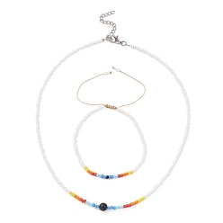 Белый Ожерелье из стеклянных бисера и плетеный браслет из бисера, набор украшений для женщин, белые, 15-1/8 дюйм (38.5 см), 2-1/4~3-1/4 дюйм (5.6~8.3 см)