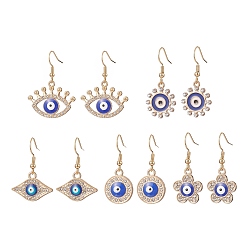 Blue 304 Stainless Steel Dangle Earrings, Alloy Enamel & Rhinestone Evil Eye Pendant Earring for Women, Blue, 31~38mm, Pin: 0.8mm