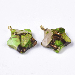 Green Yellow Assembled Synthetic Imperial Jasper and Bronzite Pendants, with Golden Tone Iron Loop, Dyed, Star, Green Yellow, 23~24x21x5mm, Hole: 2mm