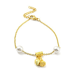 July Lotus Real 18K Gold Plated Brass Charm Bracelet with Plastic Imitation Pearl Beaded, with Ion Plating(IP) 304 Stainless Steel Chains, Long-Lasting Plated, July Lotus, 7-1/4 inch(18.4cm)