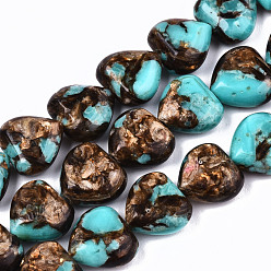 Synthetic Turquoise Assembled Natural Bronzite and Synthetic Turquoise Beads Strands, Heart, 9~10x10x5mm, Hole: 1.2mm, about 44~45pcs/strand, 15.55~15.94 inch(39.5~40.5cm)