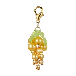 Gold Grape Glass Pendant Decoration, with Acrylic Leaf and Alloy Clasp, Gold, 57~60mm
