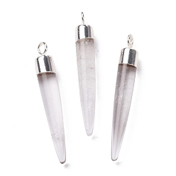 Quartz Crystal Natural Quartz Crystal Brass Pendants, Rock Crystal, Cadmium Free & Lead Free, Bullet Shaped, Silver Color Plated, 33~37x4~5mm, Hole: 2mm