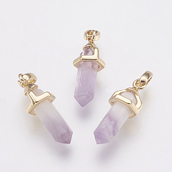 Amethyst Brass Natural Amethyst Double Terminated Pointed Pendants, Bullet, Golden, 17~20x7x6.5mm, Hole: 2x4mm