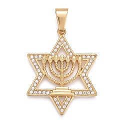 Golden 304 Stainless Steel Pendants, with Crystal Rhinestone, Star of David with Candelabrum, Golden, 47.5x37.5x4mm, Hole: 6.5x11.5mm