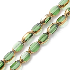 Green Electroplate Glass Beads Strands, Gold Plating, Oval, Green, 7x4x3mm, Hole: 1mm, about 50pcs/strand, 13.31''(33.8cm)