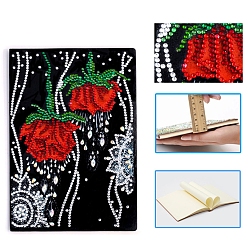 Fleur Kits de cahier de peinture au diamant diy, y compris le livre en cuir pu, strass de résine, stylo collant diamant, plaque de plateau et pâte à modeler, motif rose, 210x150mm, 50 pages / livre