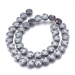 Original Color Non-magnetic Synthetic Hematite Bead Strands, Flat Round with Moon & Star, Original Color, 9.5~10x4mm, Hole: 1mm, about 40~41pcs/strand, 15.3 inch~15.7 inch(39~40cm)