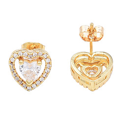 Clear Cubic Zirconia Heart Stud Earrings, Golden Brass Jewelry for Women, Nickel Free, Clear, 10x10.5mm, Pin: 0.7mm