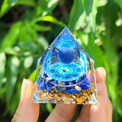 Голубой Смола оргонитовая пирамида украшения для дома, С природными драгоценными камнями, голубой, 60x60x60 мм
