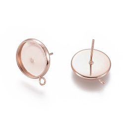 Rose Gold 304 Stainless Steel Stud Earring Settings, with Loop, Flat Round, Rose Gold, Tray: 12mm, 16.5x14x2mm, Hole: 2mm, Pin: 0.8mm