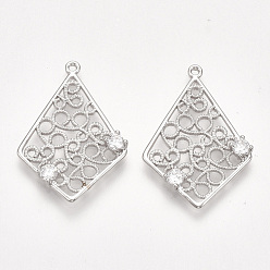 Real Platinum Plated Brass Filigree Pendants, with Cubic Zirconia, Rhombus, Clear, Nickel Free, Real Platinum Plated, 26.5~27.5x18~19x2.5mm, Hole: 1.2mm