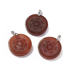 Red Agate Natural Red Agate Pendants, Flat Round Charms with Chakra Theme Pattern, with Rack Plating Platinum Tone Brass Findings, Cadmium Free & Lead Free, 30x4~8mm, Hole: 4x4mm
