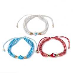 Couleur Mélangete Bracelets multi-supports en perles de verre, bracelet de perles tressées au chalumeau mauvais œil, couleur mixte, diamètre intérieur: 2-1/8~3-1/4 pouce (5.3~8.2 cm)