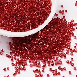 Roja Perlas de semillas cilíndricas, plata forrada, agujero redondo, tamaño uniforme, rojo, 2x1.5 mm, agujero: 0.8 mm, sobre 40000 unidades / bolsa, sobre 450 g / bolsa